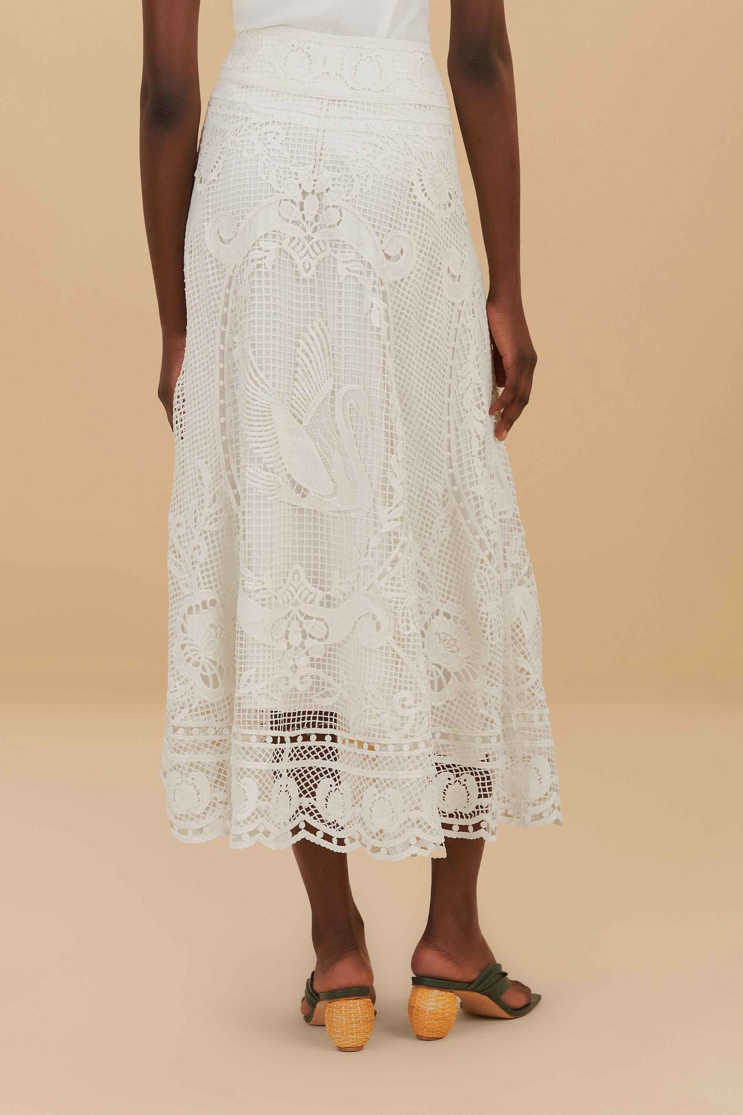 FARM Rio Off-White Swan Lake Guipure Midi Skirt