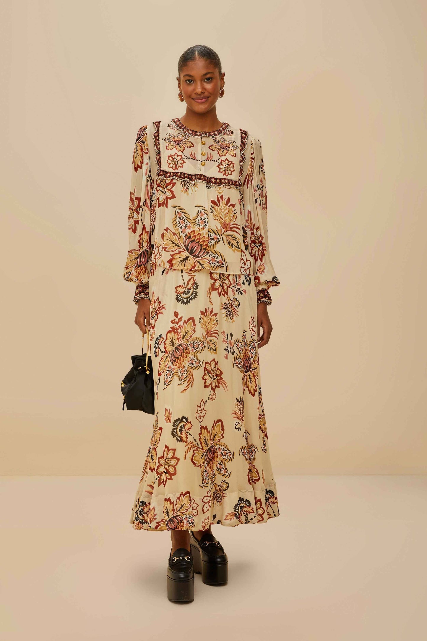 FARM Rio Sand Aura Floral Midi Skirt