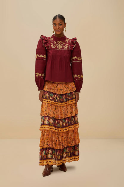 FARM Rio Colorful Birds Camel Ruffles Midi Skirt