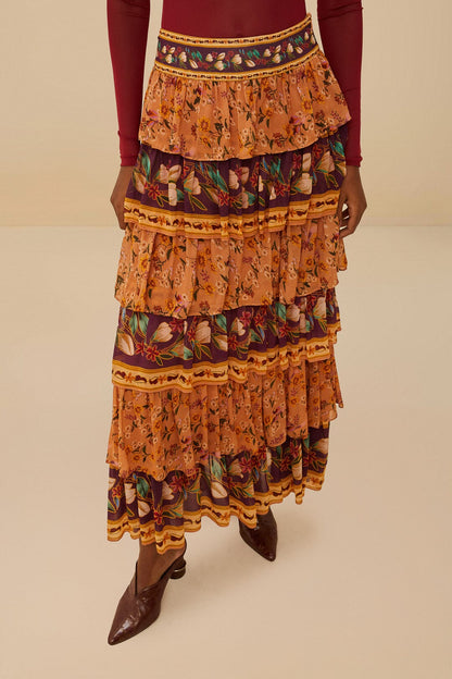 FARM Rio Colorful Birds Camel Ruffles Midi Skirt