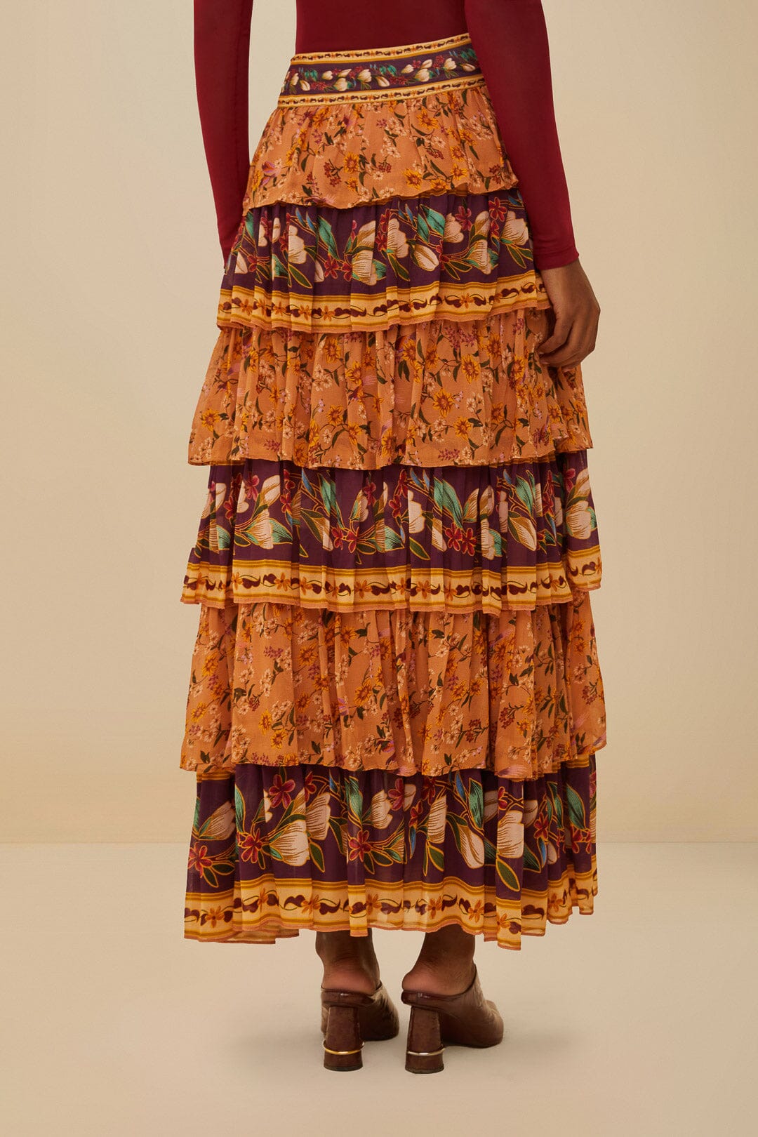 FARM Rio Colorful Birds Camel Ruffles Midi Skirt