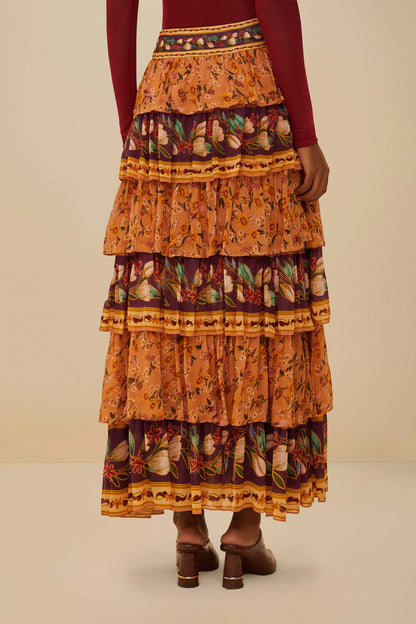 FARM Rio Colorful Birds Camel Ruffles Midi Skirt