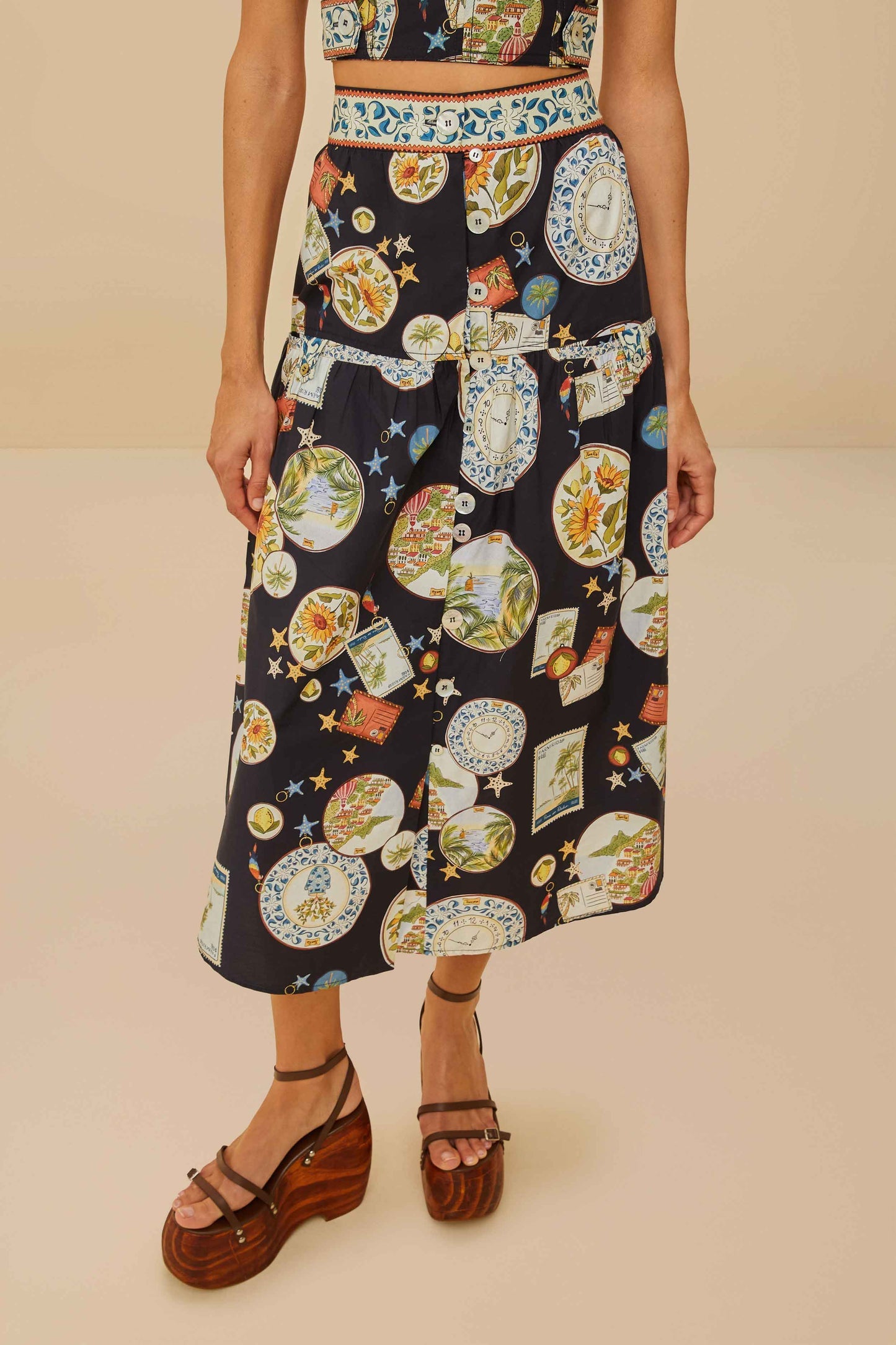 FARM Rio Black Trip Souvenir Organic Cotton Midi Skirt