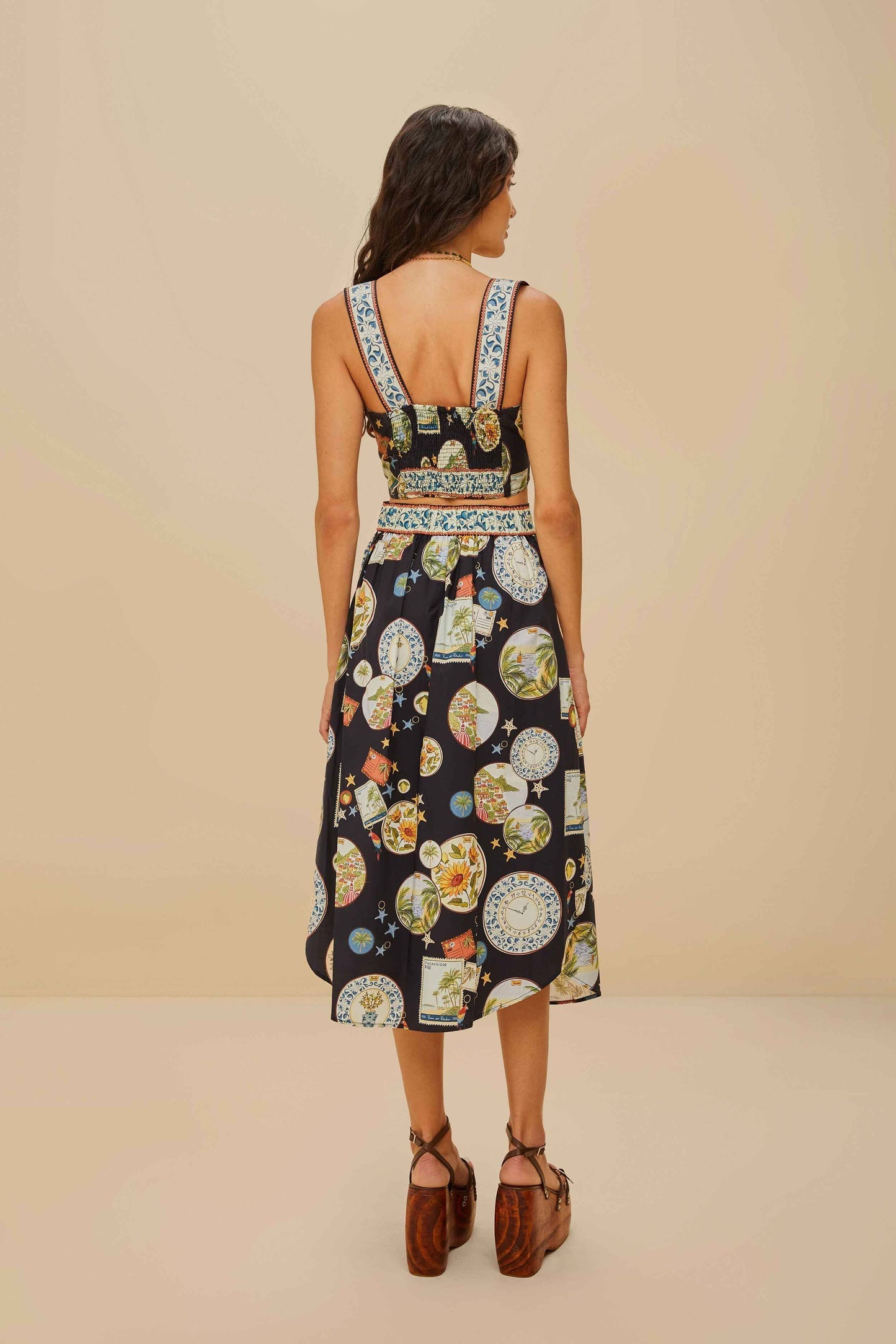 FARM Rio Black Trip Souvenir Organic Cotton Midi Skirt