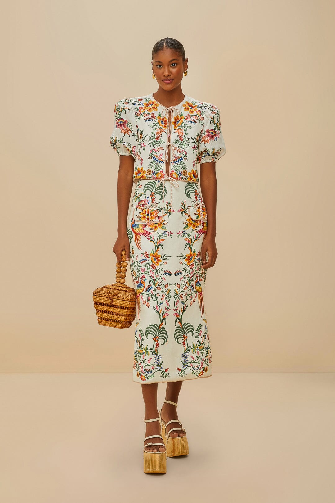 FARM Rio Off-White Delicate Forest Euroflax™ Premium Linen Midi Skirt