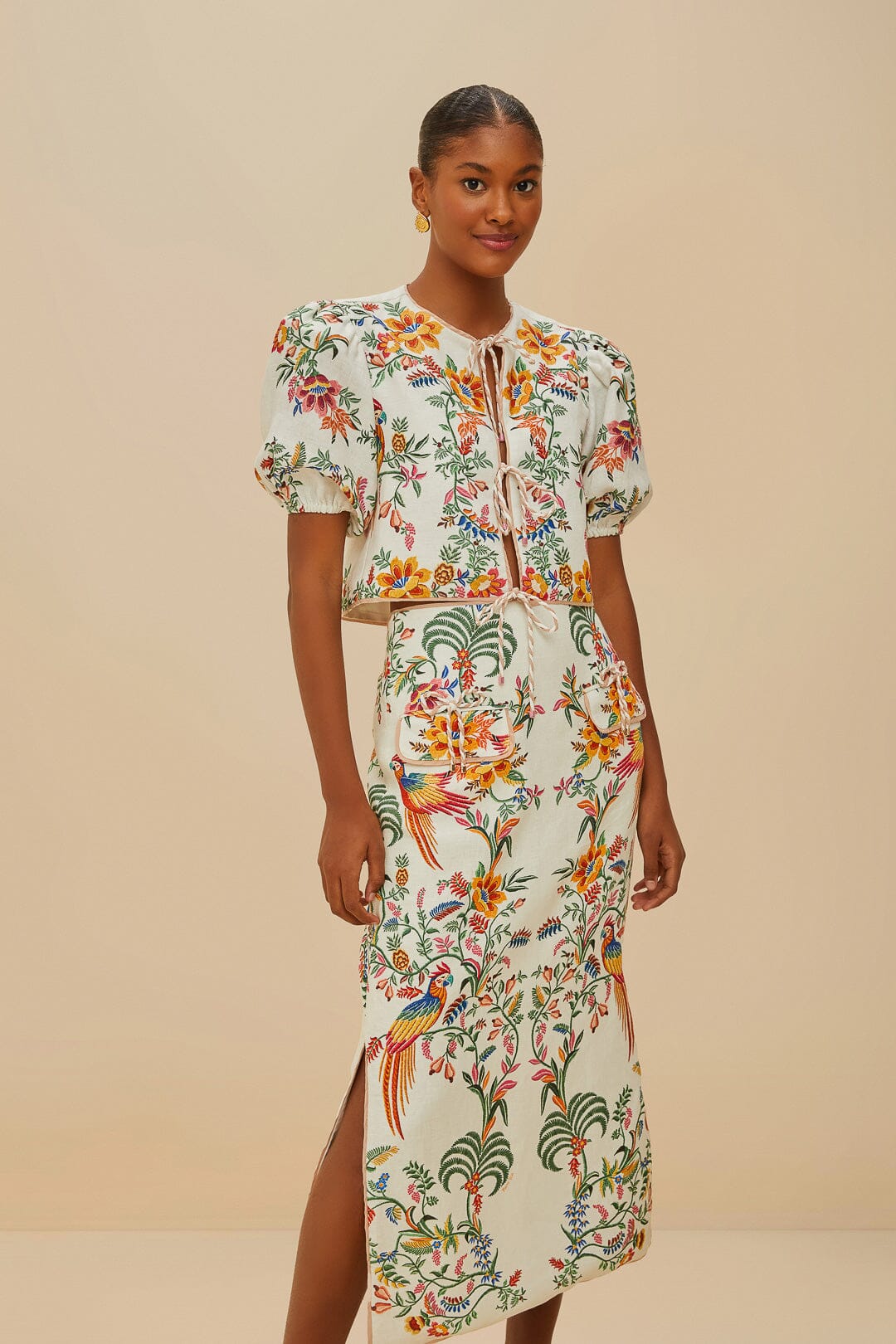 FARM Rio Off-White Delicate Forest Euroflax™ Premium Linen Midi Skirt