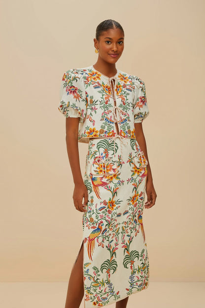FARM Rio Off-White Delicate Forest Euroflax™ Premium Linen Midi Skirt