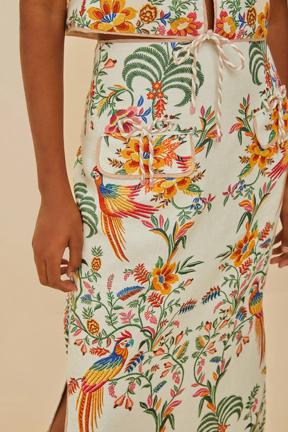 FARM Rio Off-White Delicate Forest Euroflax™ Premium Linen Midi Skirt