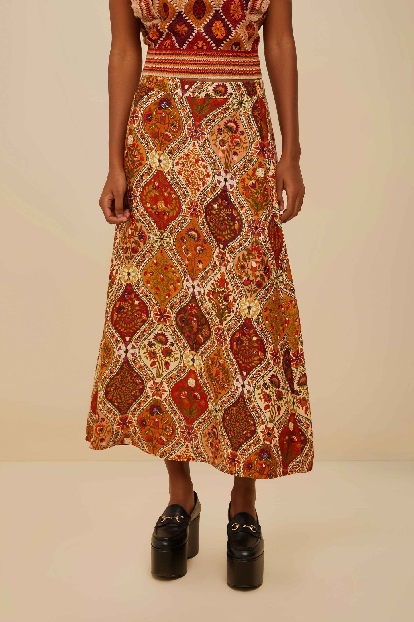 FARM Rio Multicolor Romantic Nature LENZING™ ECOVERO™ Viscose Midi Skirt