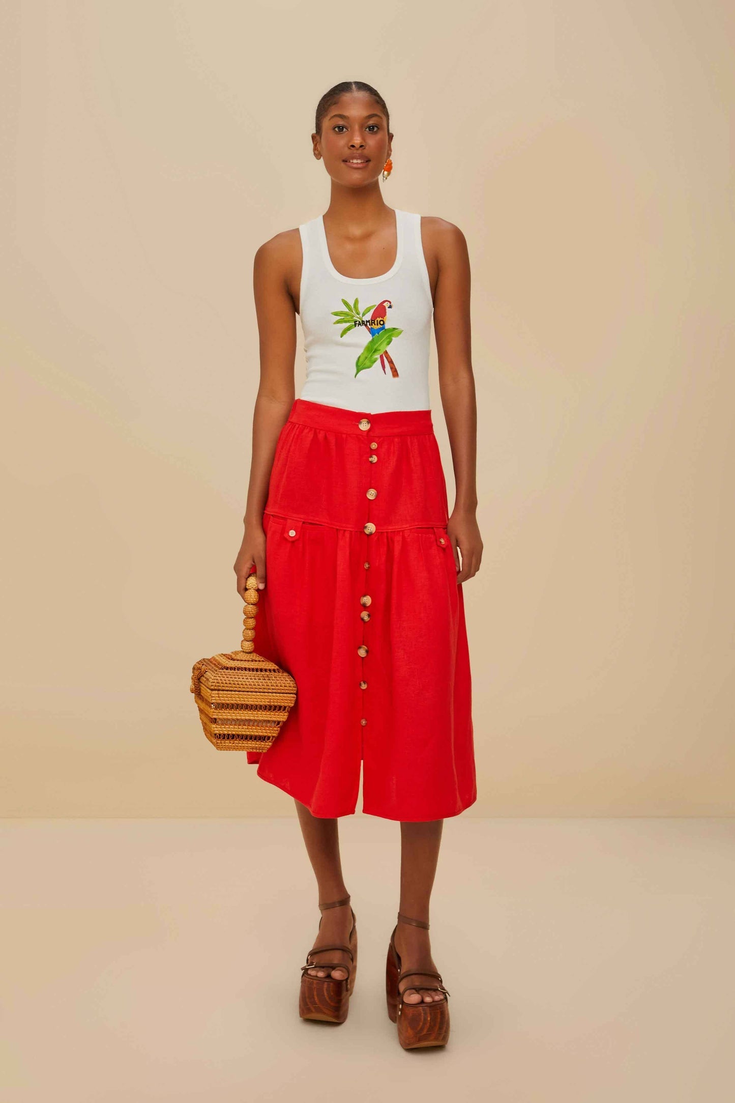 FARM Rio Red Mixed Buttons Euroflax™ Premium Linen Midi Skirt