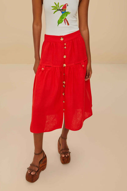 FARM Rio Red Mixed Buttons Euroflax™ Premium Linen Midi Skirt