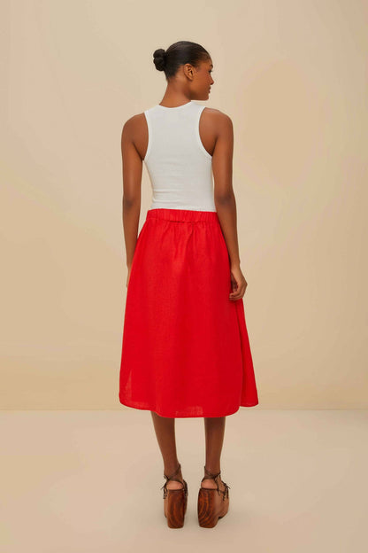 FARM Rio Red Mixed Buttons Euroflax™ Premium Linen Midi Skirt