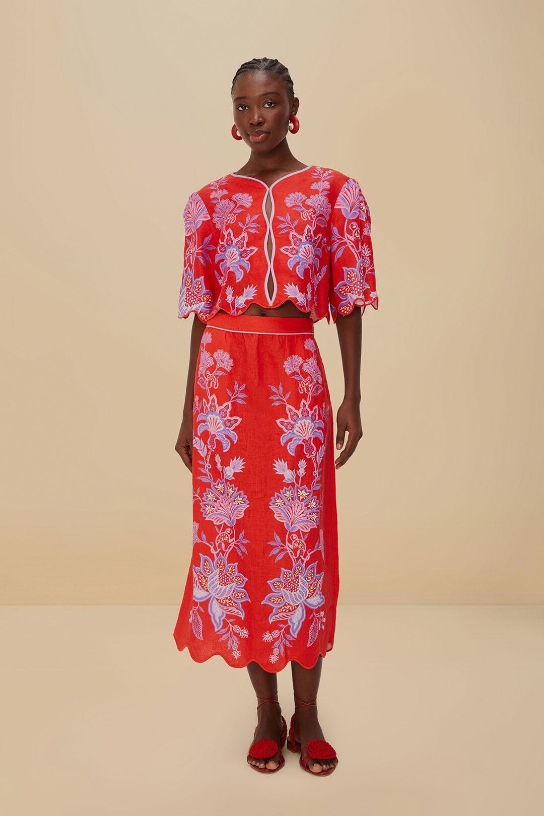 FARM Rio Red Porcelain Garden Euroflax™ Premium Linen Midi Skirt