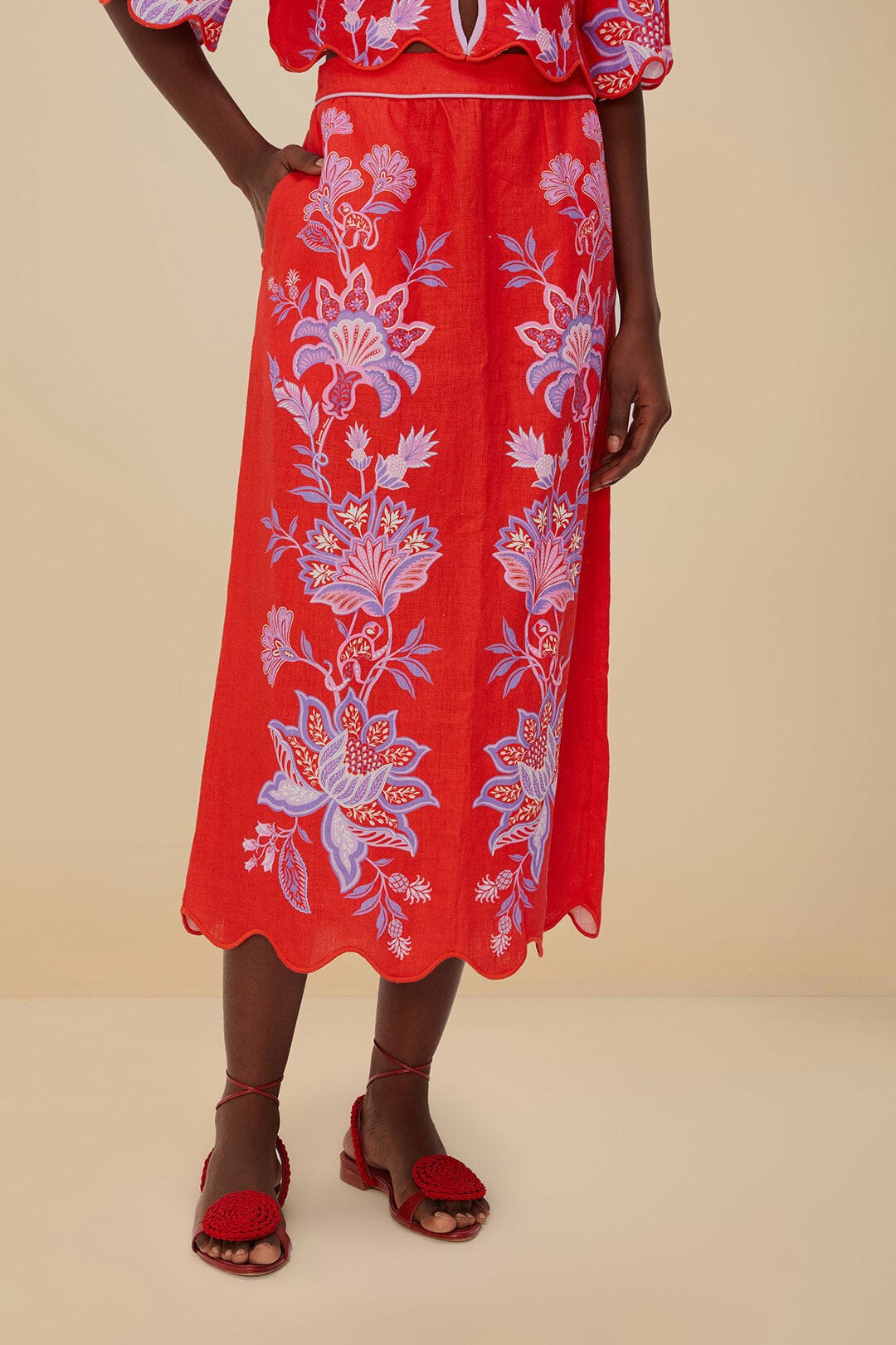 FARM Rio Red Porcelain Garden Euroflax™ Premium Linen Midi Skirt