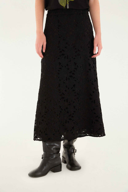 FARM Rio Black Flowered Lace Midi Skirt | FARM Rio