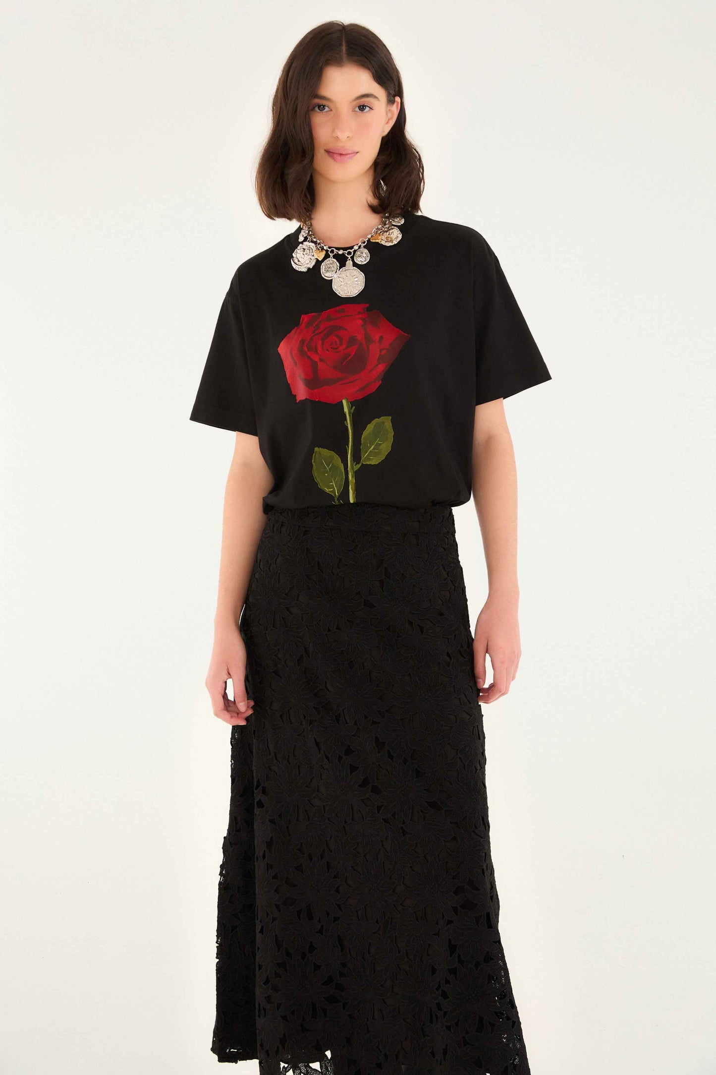 FARM Rio Black Flowered Lace Midi Skirt | FARM Rio
