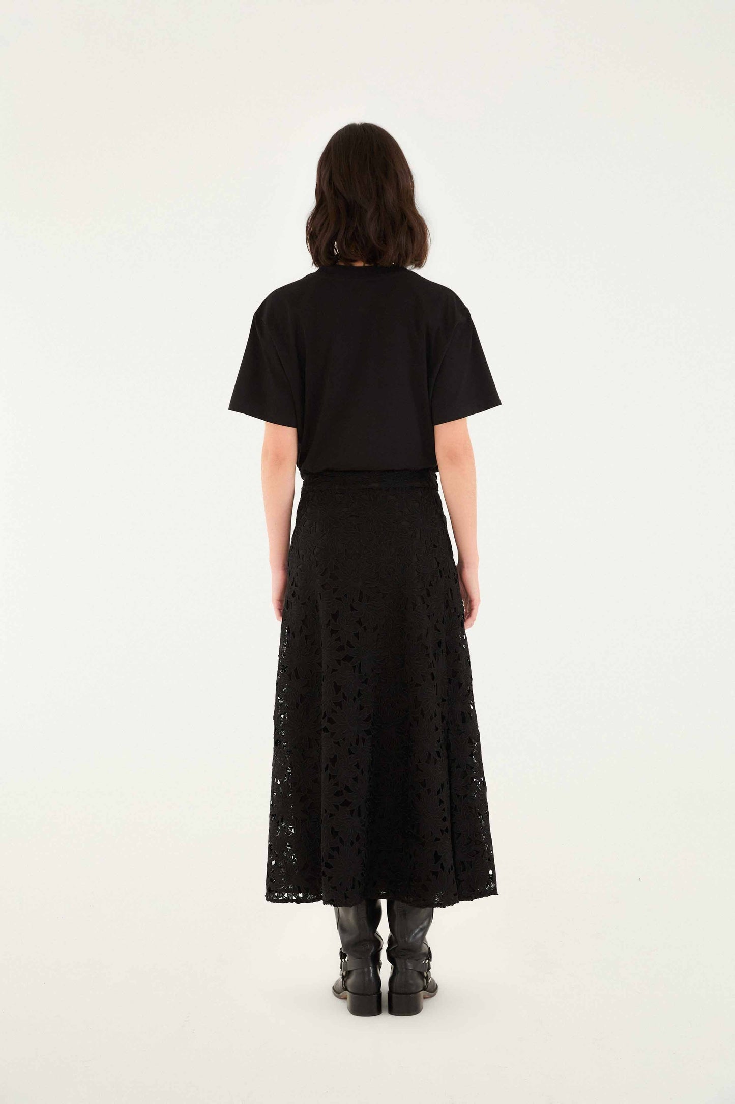 FARM Rio Black Flowered Lace Midi Skirt | FARM Rio