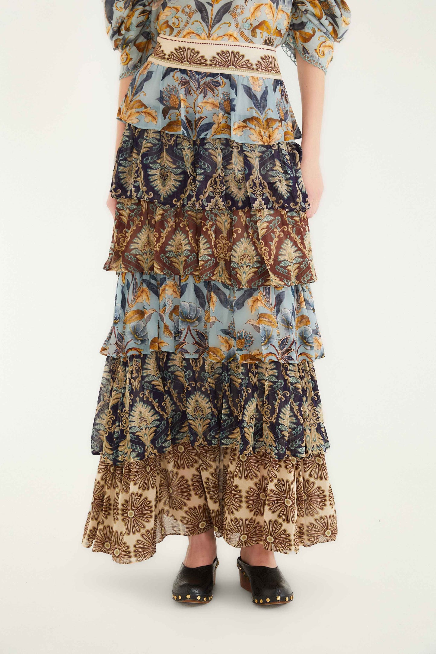 FARM Rio Mixed Scarves Ruffled Maxi Skirt | FARM Rio