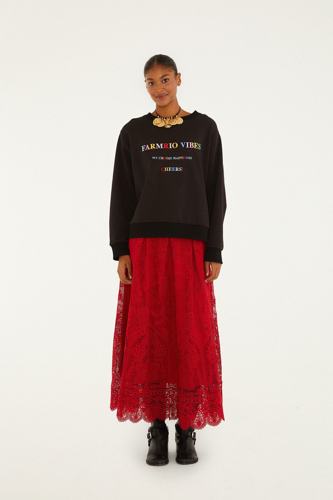 FARM Rio Red Guipure Boho Garden Skirt | FARM Rio