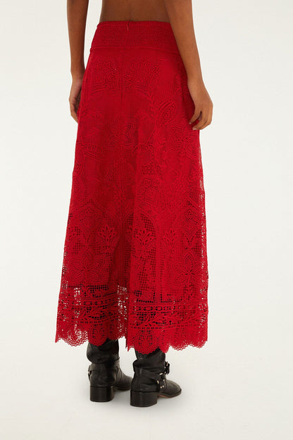 FARM Rio Red Guipure Boho Garden Skirt | FARM Rio