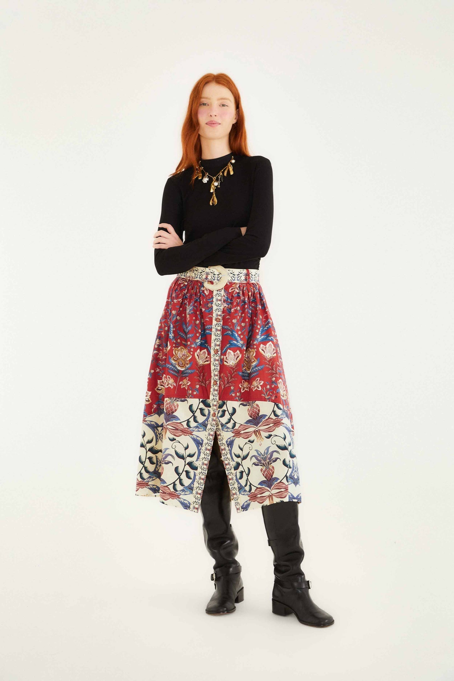 FARM Rio Red Winter Breeze Buttoned Belted Organic Cotton Midi Skirt | FARM Rio