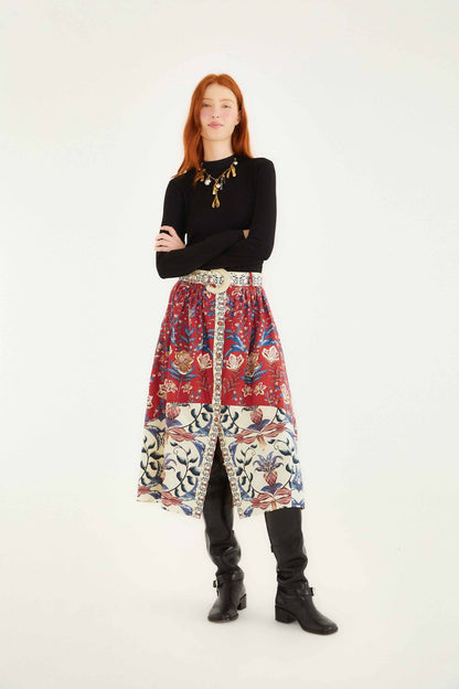 FARM Rio Red Winter Breeze Buttoned Belted Organic Cotton Midi Skirt | FARM Rio