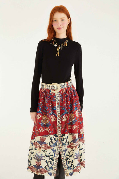 FARM Rio Red Winter Breeze Buttoned Belted Organic Cotton Midi Skirt | FARM Rio