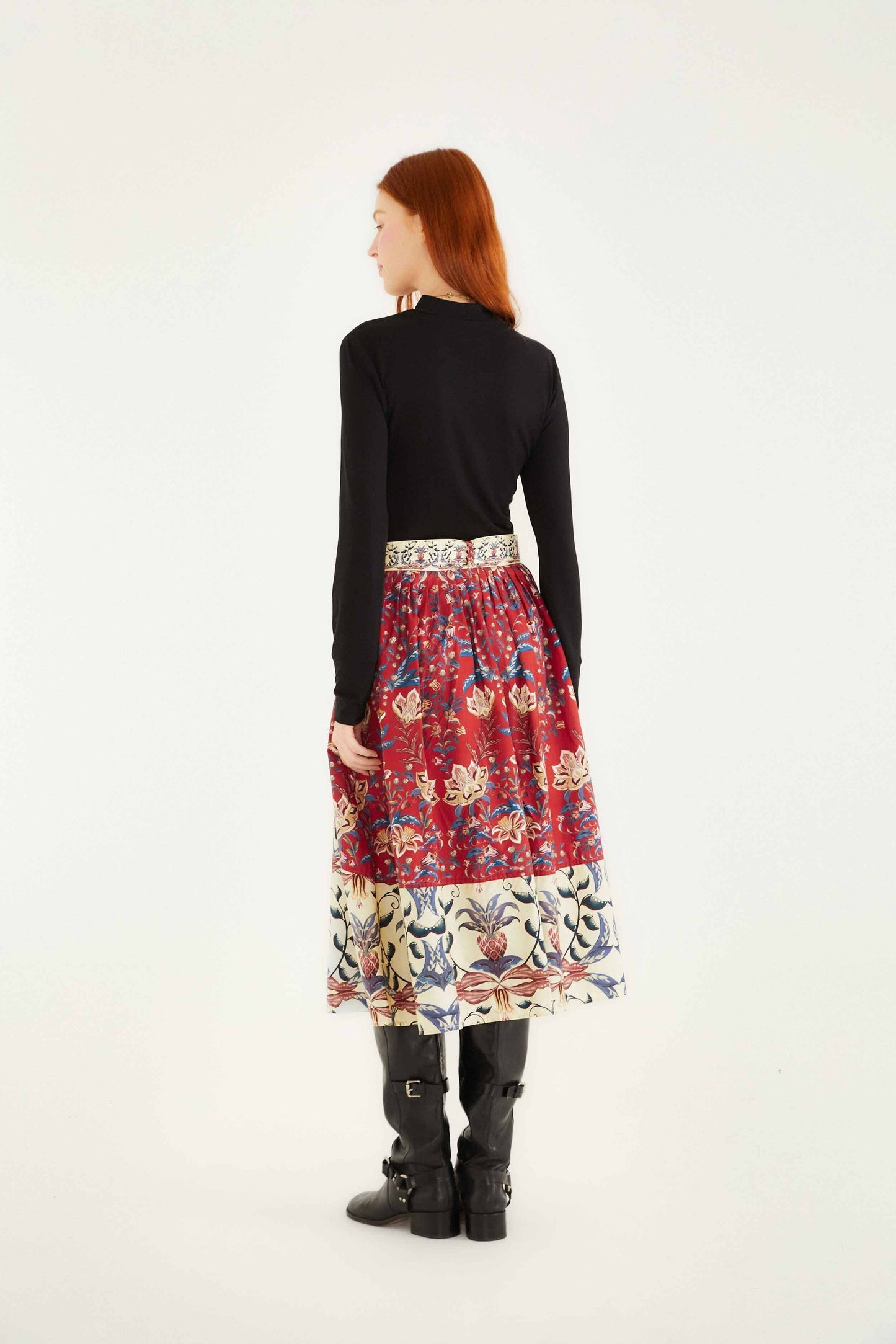 FARM Rio Red Winter Breeze Buttoned Belted Organic Cotton Midi Skirt | FARM Rio