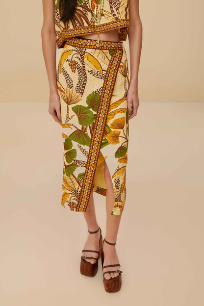 FARM Rio Sand Foliage Sketch LENZING™ ECOVERO™ Euroflax™ Midi Skirt