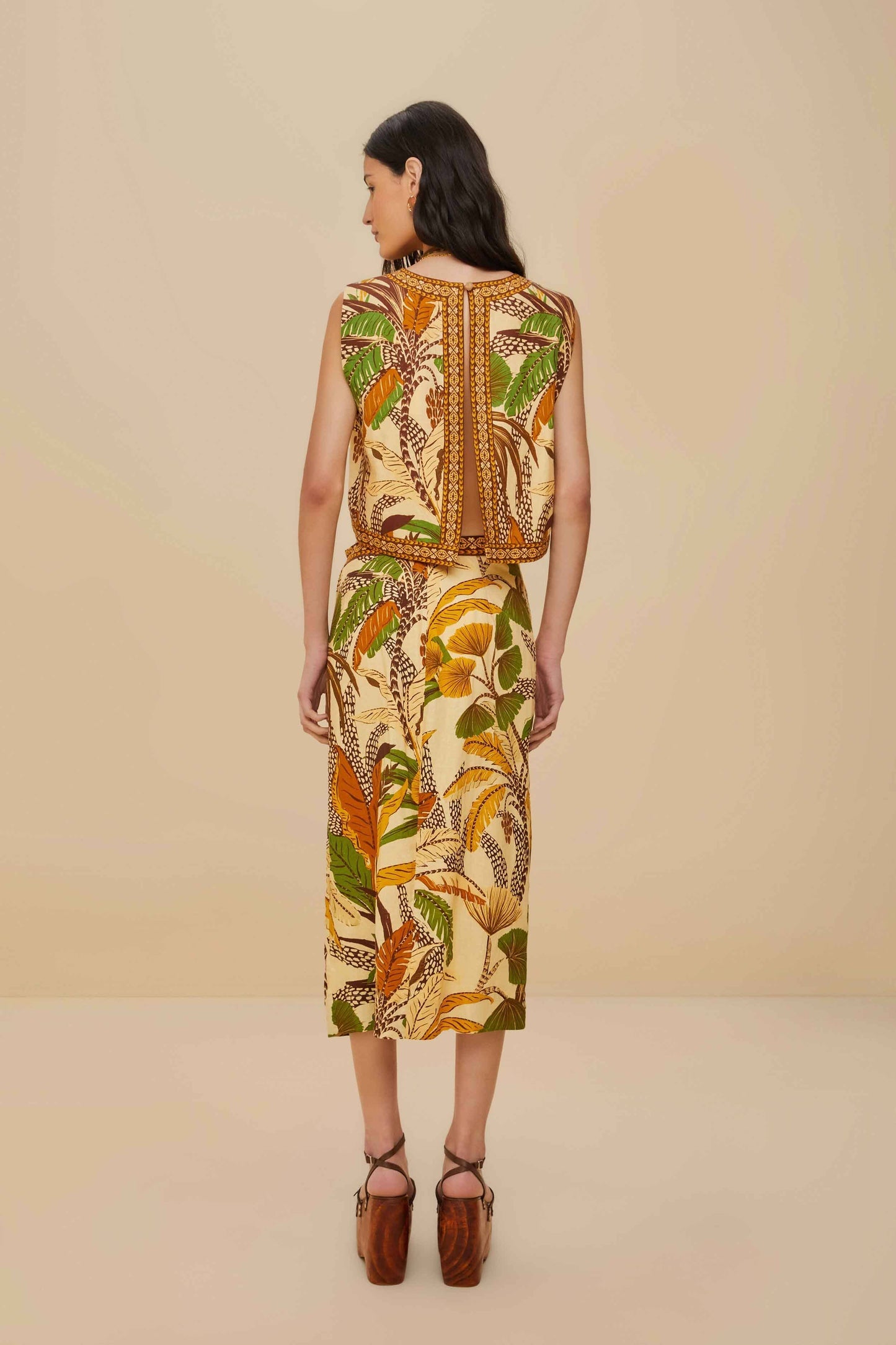 FARM Rio Sand Foliage Sketch LENZING™ ECOVERO™ Euroflax™ Midi Skirt