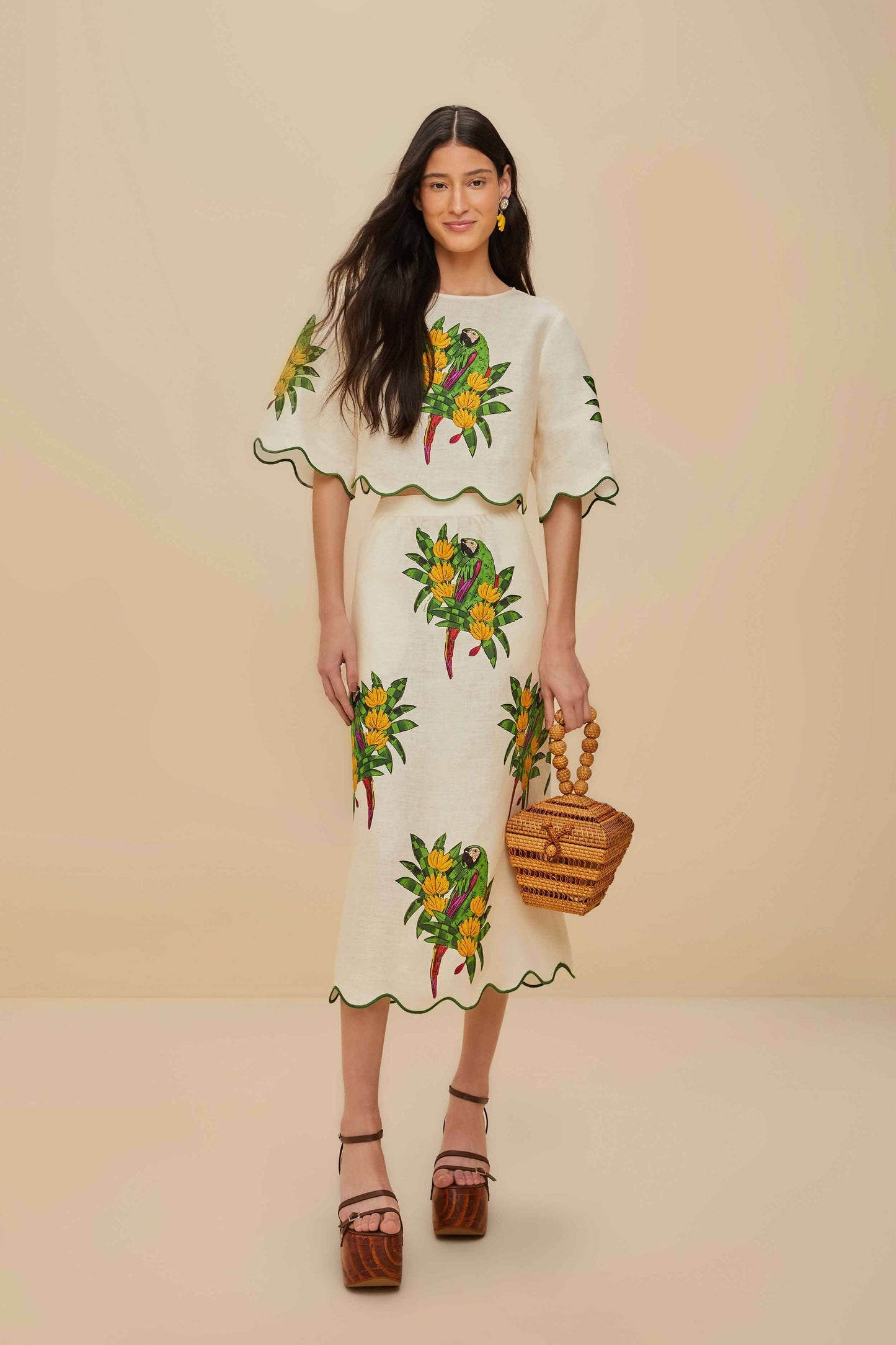 FARM Rio Off-White Maracana Bird Euroflax™ Premium Linen Midi Skirt