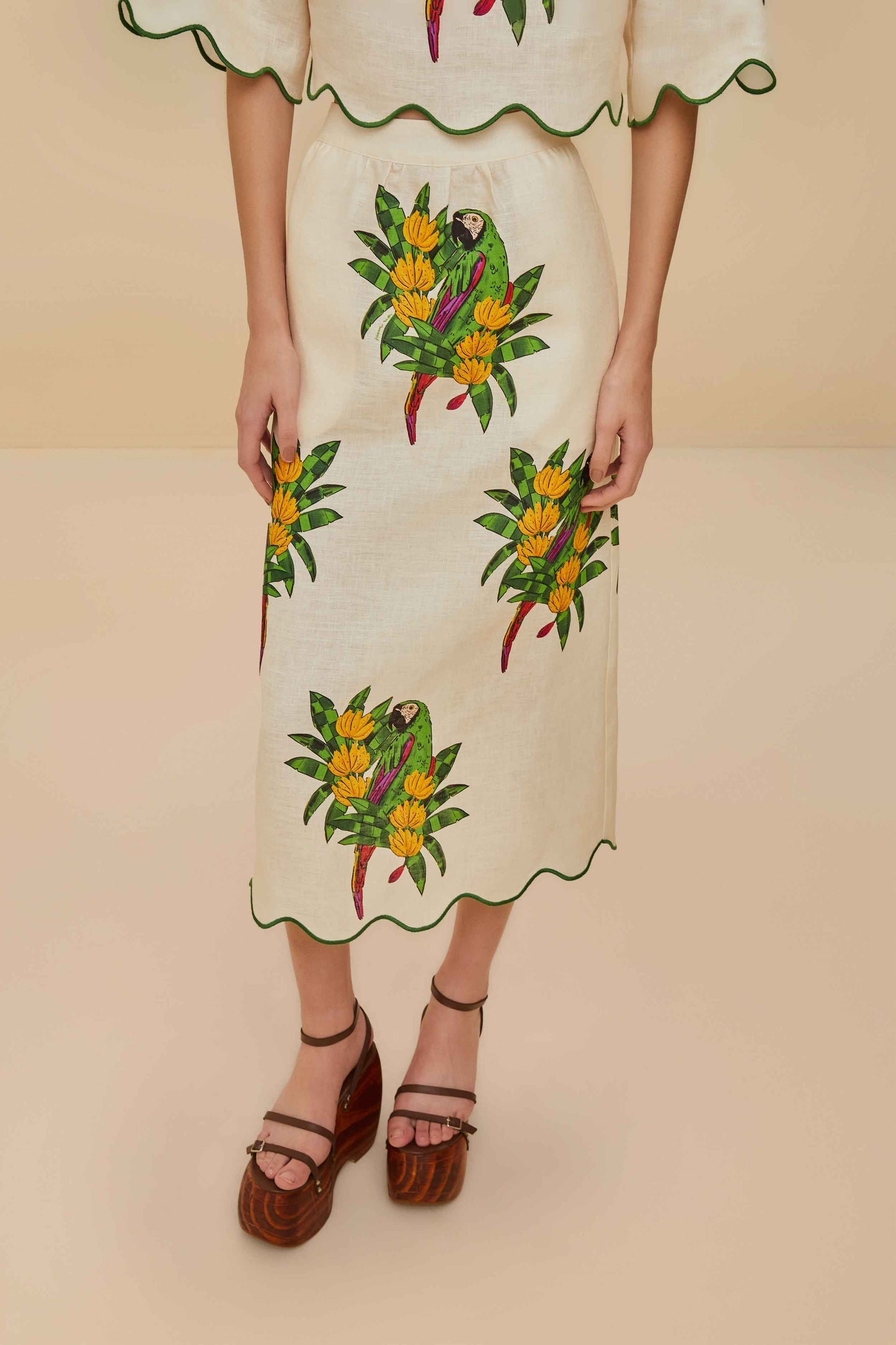 FARM Rio Off-White Maracana Bird Euroflax™ Premium Linen Midi Skirt