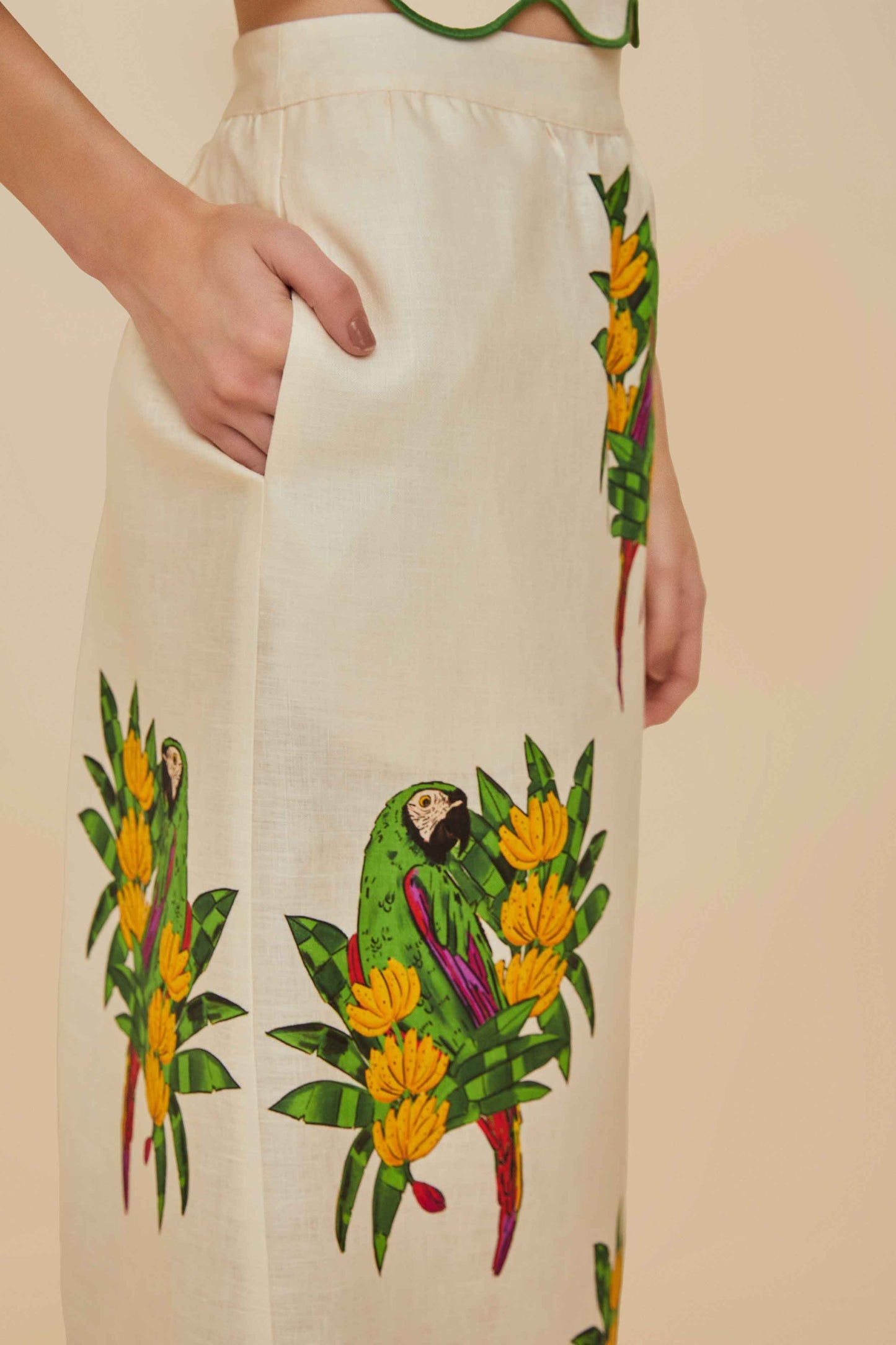 FARM Rio Off-White Maracana Bird Euroflax™ Premium Linen Midi Skirt