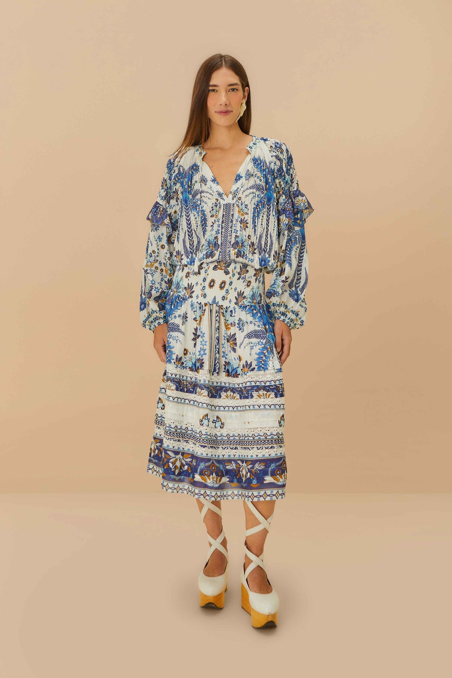 FARM Rio Off-White Ana Tapestry Organic Cotton Midi Skirt