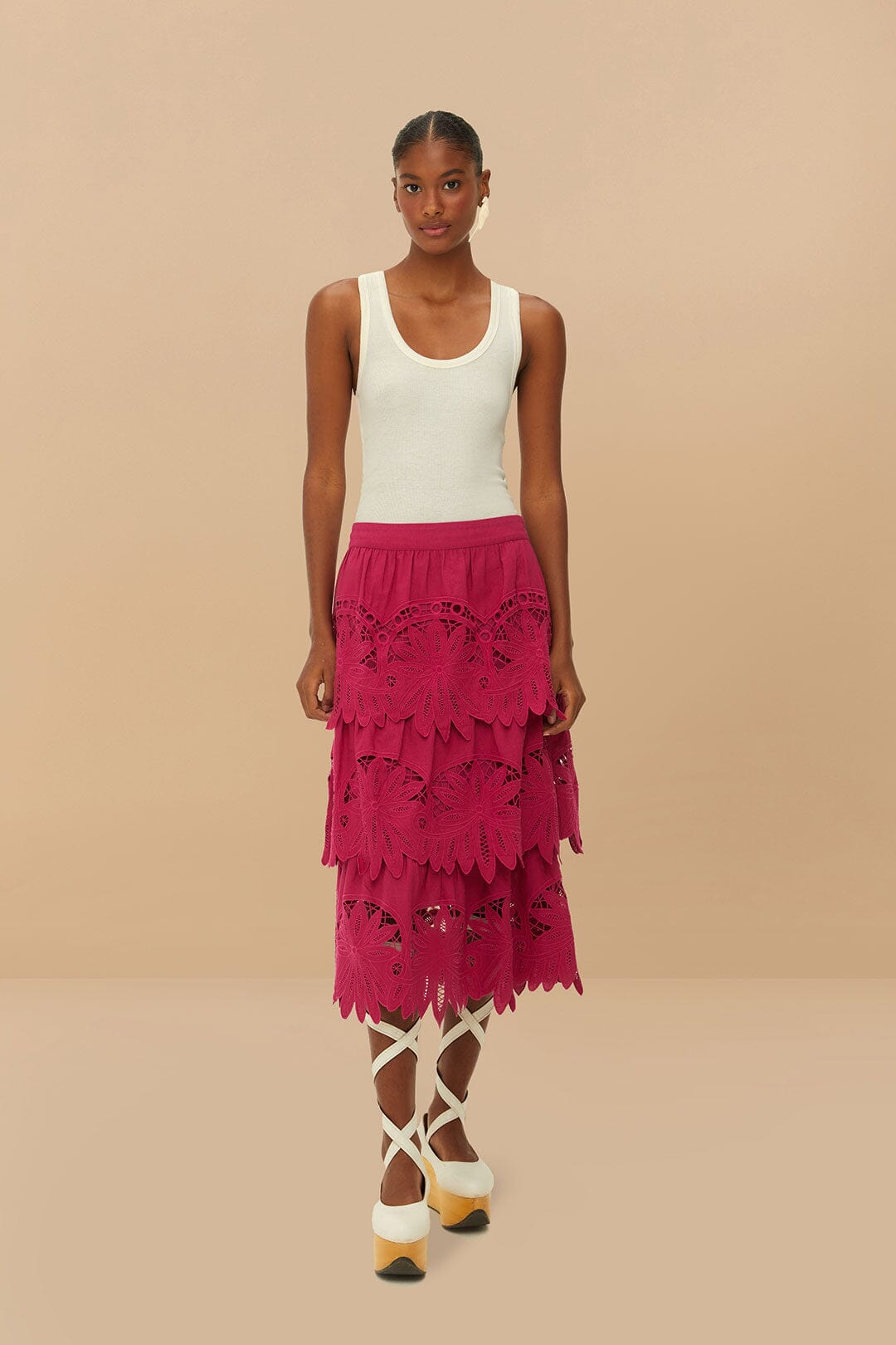 FARM Rio Pink Daisy Embroidered Midi Skirt