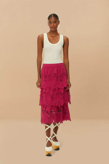 FARM Rio Pink Daisy Embroidered Midi Skirt