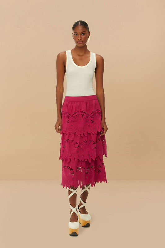 FARM Rio Pink Daisy Embroidered Midi Skirt