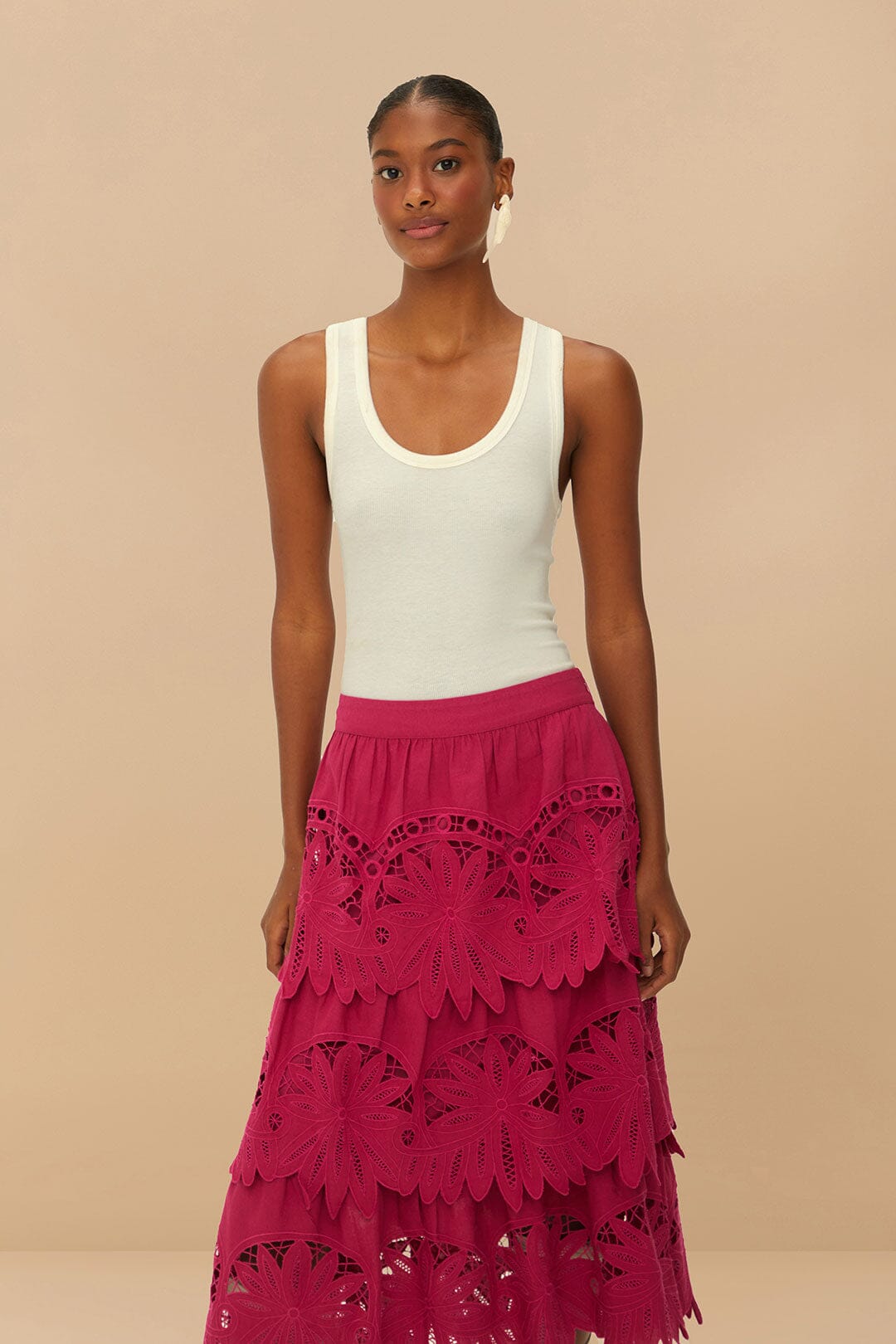 FARM Rio Pink Daisy Embroidered Midi Skirt