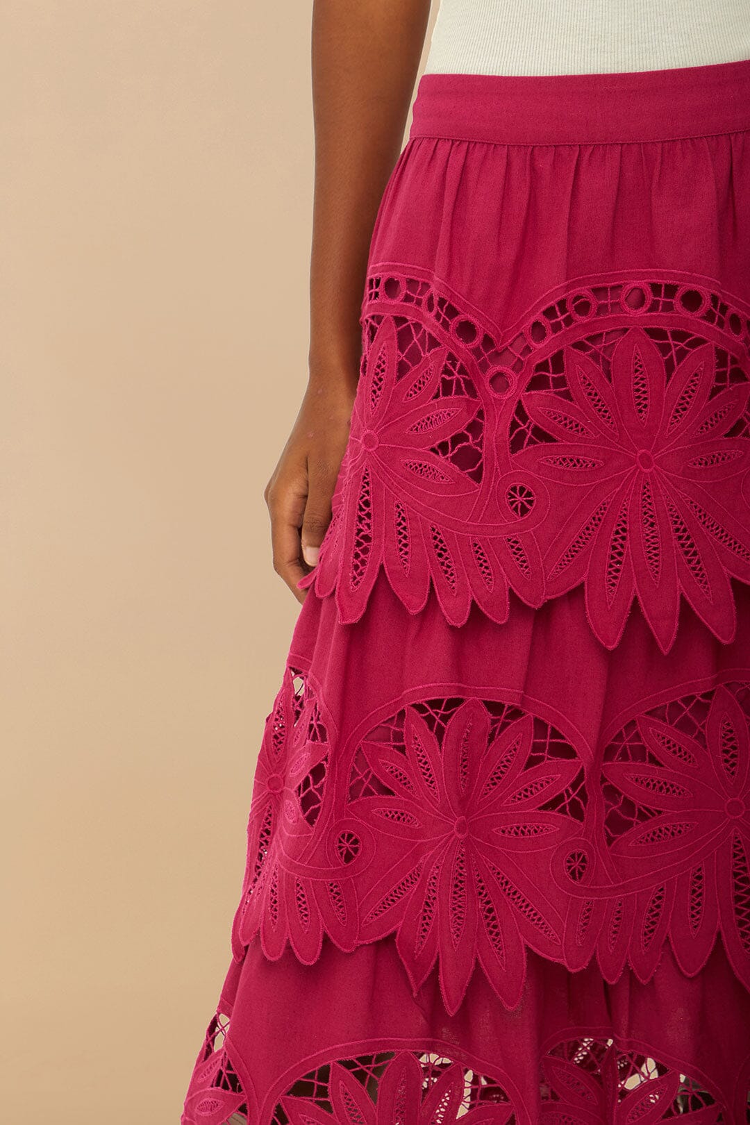 FARM Rio Pink Daisy Embroidered Midi Skirt