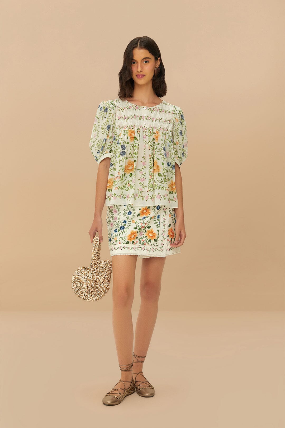FARM Rio Off-White Folk Floral Mini Skirt