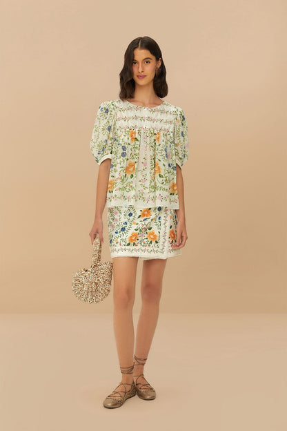 FARM Rio Off-White Folk Floral Mini Skirt
