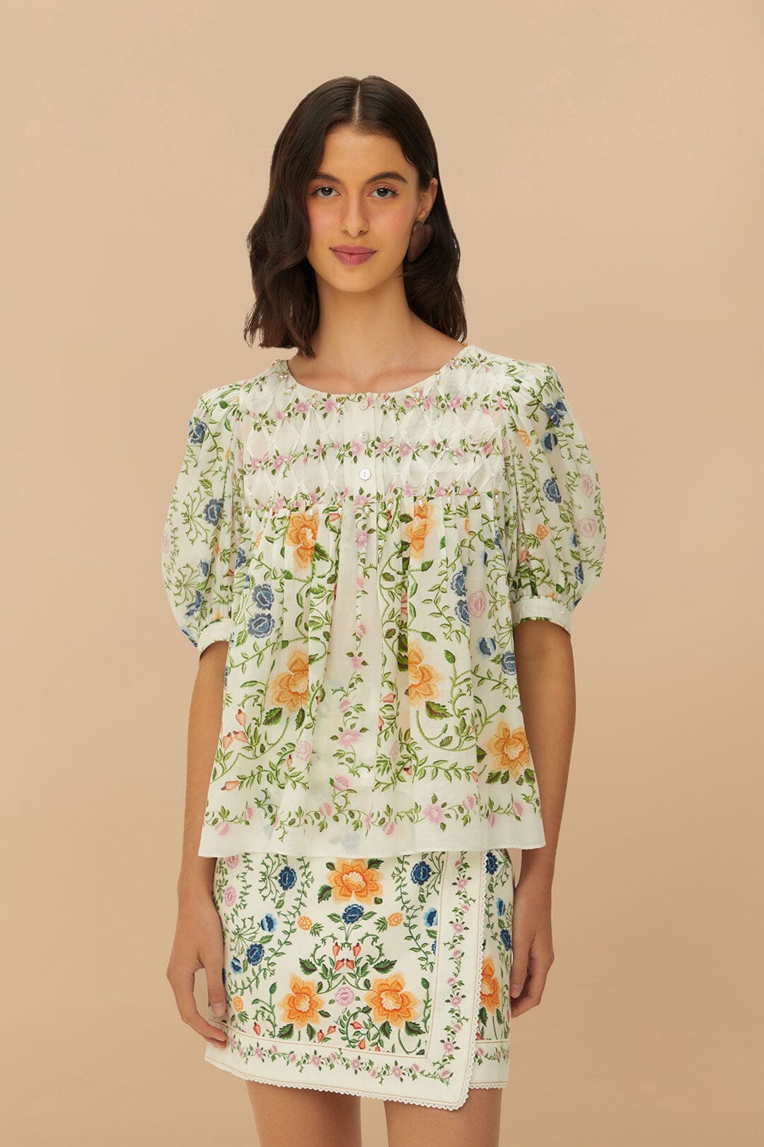 FARM Rio Off-White Folk Floral Mini Skirt