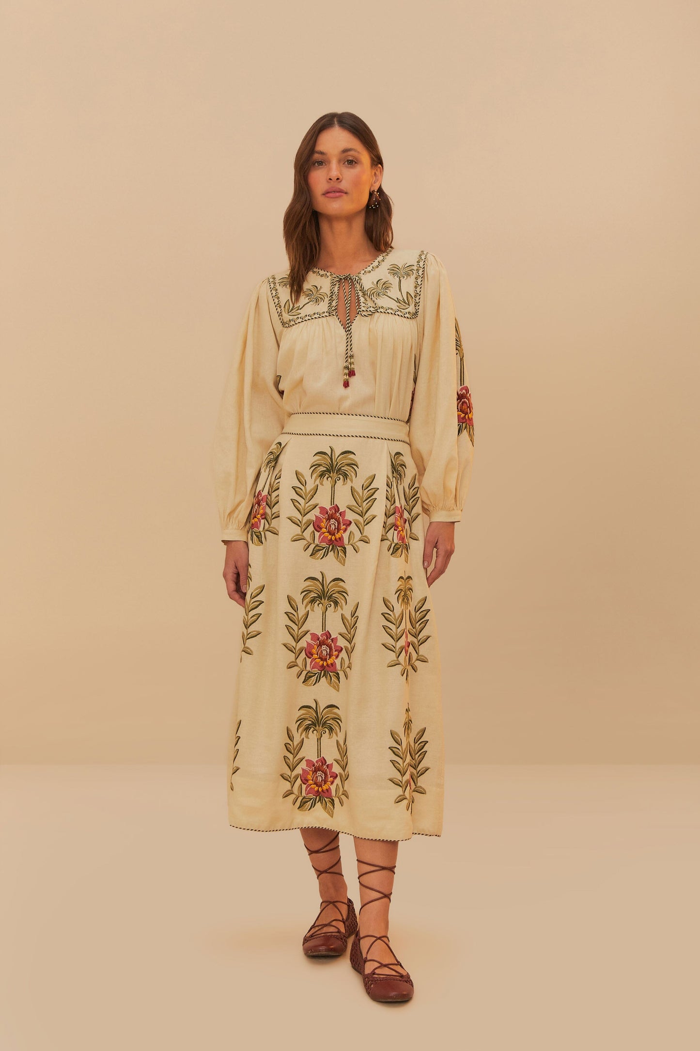 FARM Rio Sand Tropical Flower Embroidered LENZING™ ECOVERO™ Euroflax™ Maxi Skir