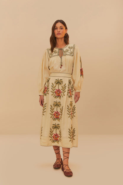 FARM Rio Sand Tropical Flower Embroidered LENZING™ ECOVERO™ Euroflax™ Maxi Skir