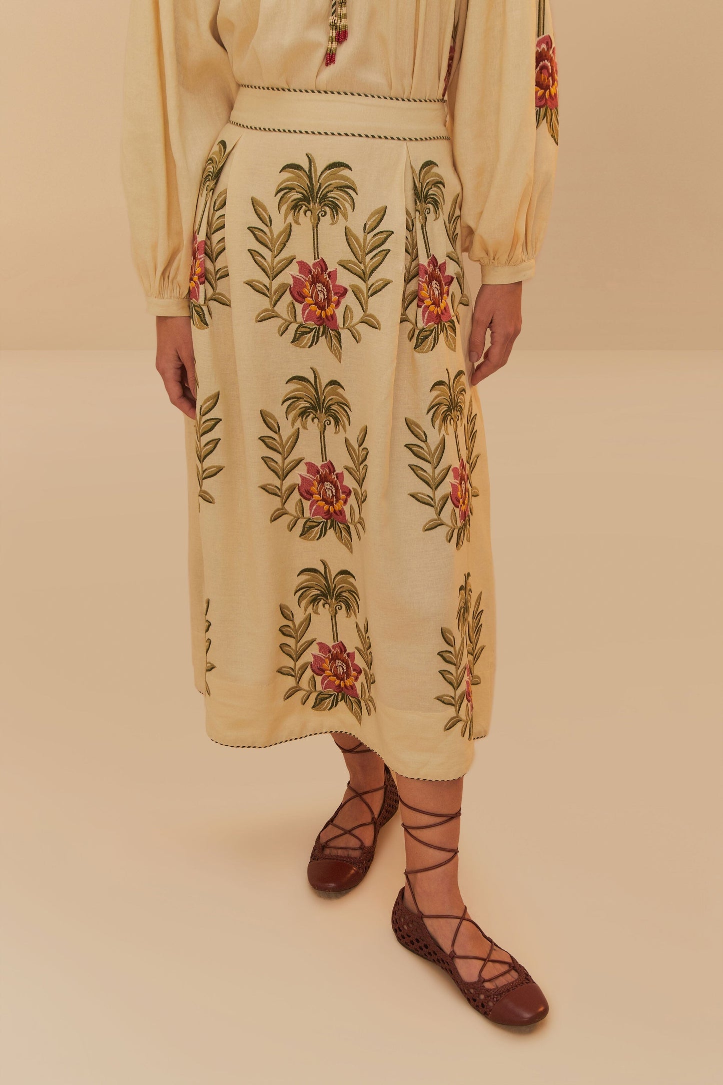FARM Rio Sand Tropical Flower Embroidered LENZING™ ECOVERO™ Euroflax™ Maxi Skir