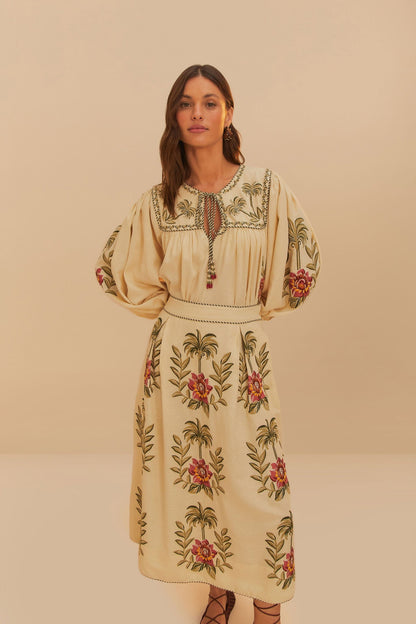 FARM Rio Sand Tropical Flower Embroidered LENZING™ ECOVERO™ Euroflax™ Maxi Skir