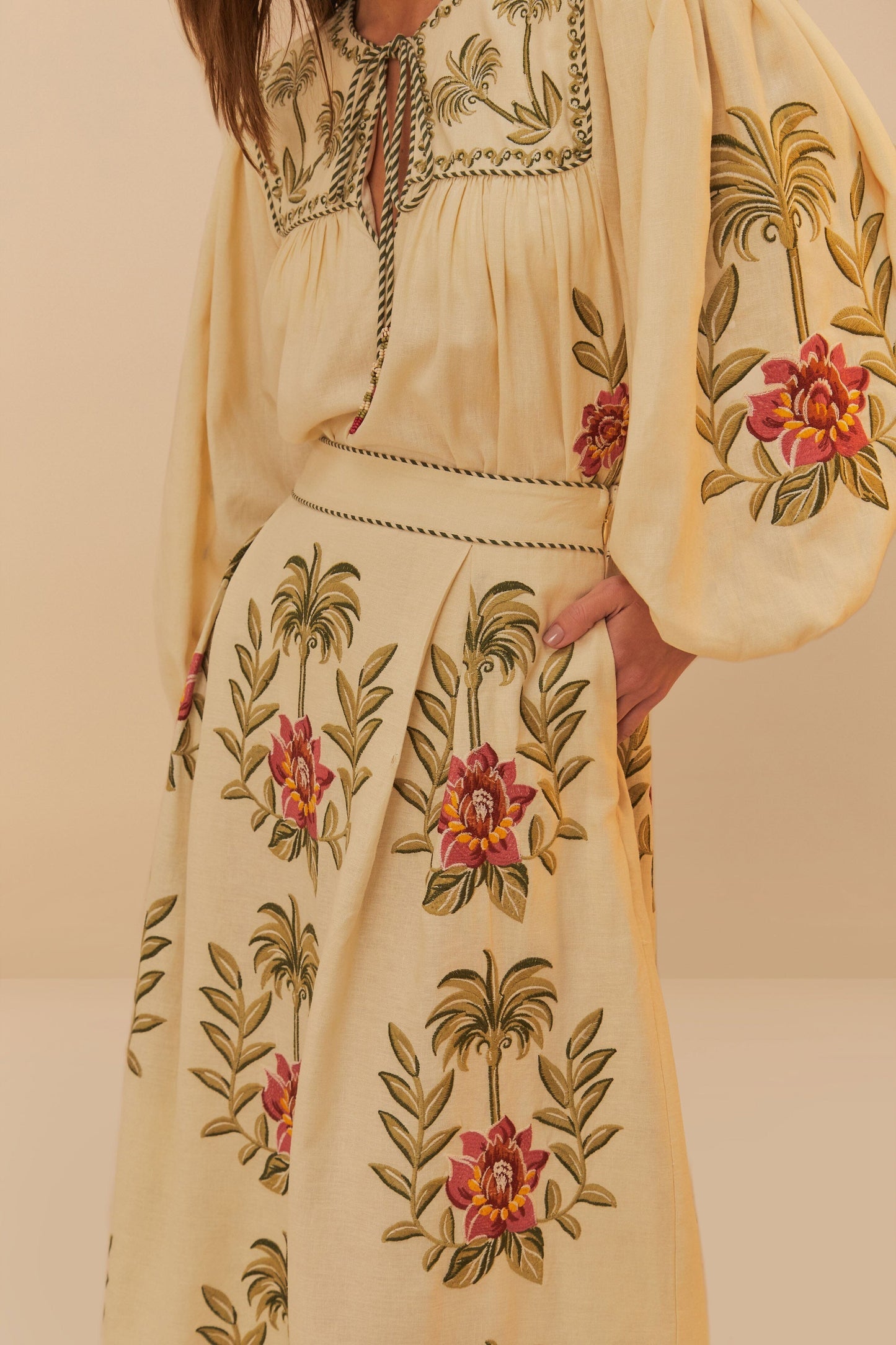 FARM Rio Sand Tropical Flower Embroidered LENZING™ ECOVERO™ Euroflax™ Maxi Skir