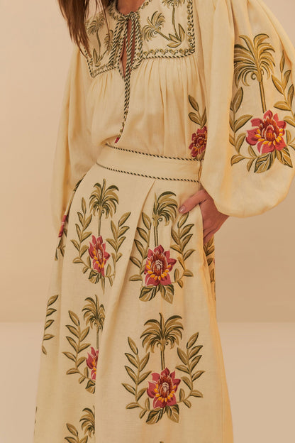FARM Rio Sand Tropical Flower Embroidered LENZING™ ECOVERO™ Euroflax™ Maxi Skir