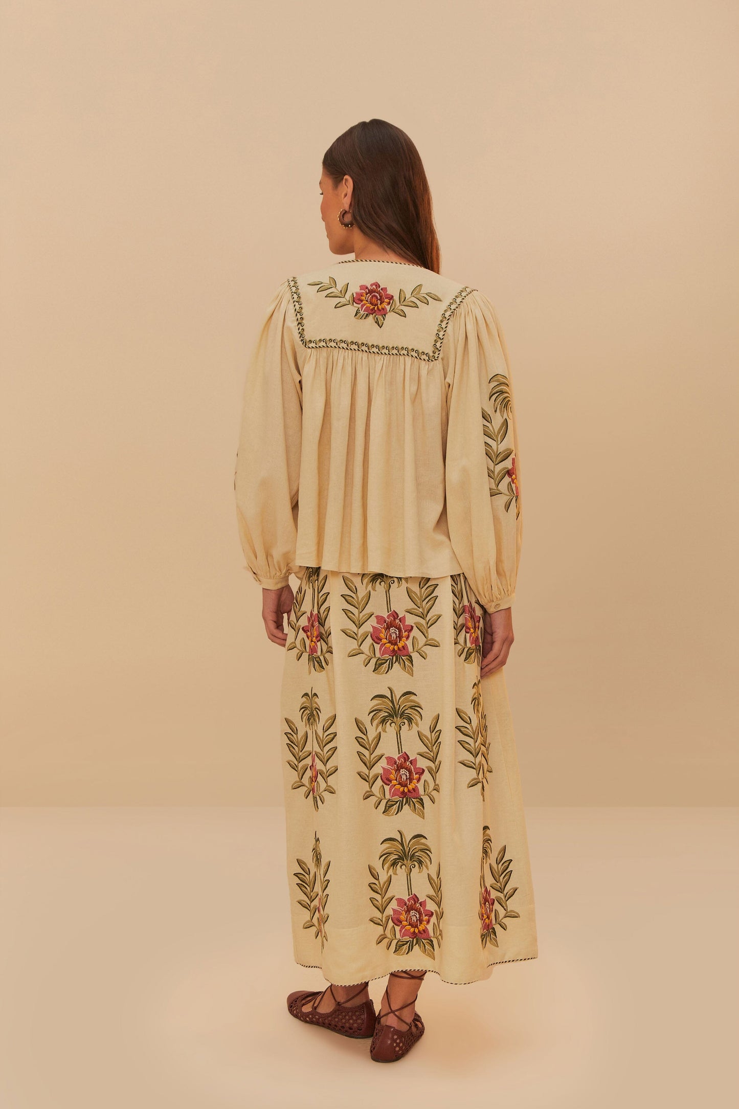 FARM Rio Sand Tropical Flower Embroidered LENZING™ ECOVERO™ Euroflax™ Maxi Skir