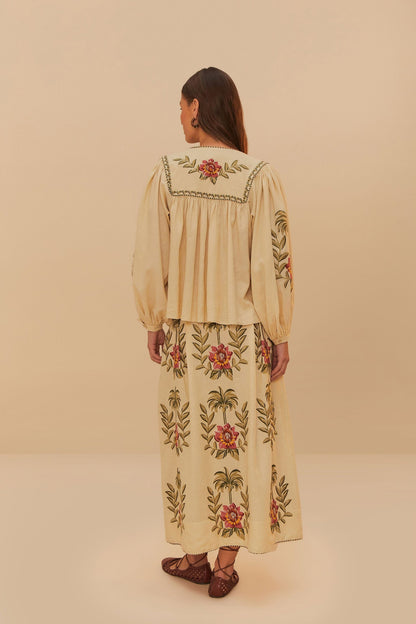 FARM Rio Sand Tropical Flower Embroidered LENZING™ ECOVERO™ Euroflax™ Maxi Skir